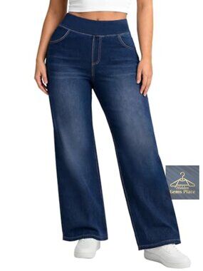 Plus Size Wide Leg Pull On High Rise Jeans Stretchy Curvy Fit